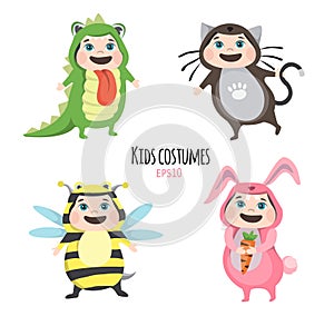 Set of cute kids wearing animal costumes on white background, Kid with animals costume, cute child in costume