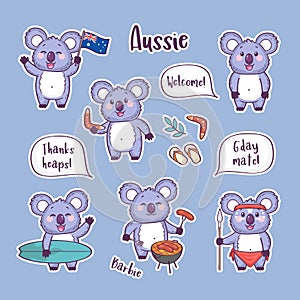 Set of cute koala character and Australian symbols