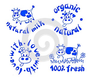 Set of cute label with cow. Organic, natural, fresh, farm grown product. Milk. Logo with animal. Vector illustration.