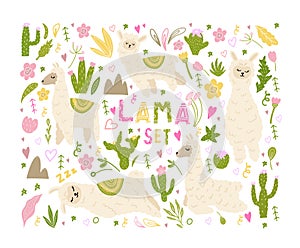 Set with cute lama, plants, cacti. Llamas for decorating children\'s prints, rooms, clothes, postcards, albums.