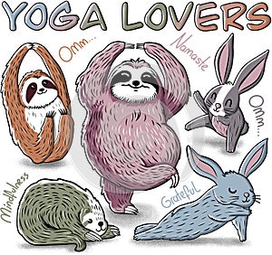 Set of cute lazy animals. Sloths and rabbits yoga lovers print for t-shirt and products.