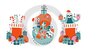 Set cute lazy sloths in Santa Claus hat with lots of gifts, candies and festive elements. Merry Christmas and Happy New year card