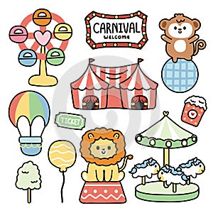 Set of cute lion and monkey in amusement park and carnival concept.Farris wheel