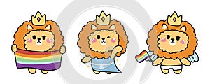 Set of cute lion wear ceown in pride month concept.Wild animal character cartoon