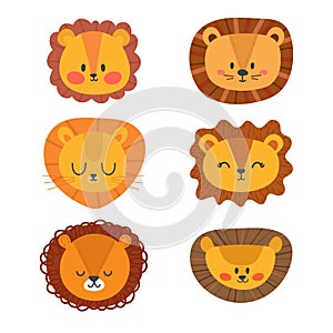 Set of cute lions. Funny doodle animals. Little lion in cartoon style