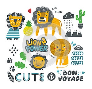 Set of cute lions and nature elements.