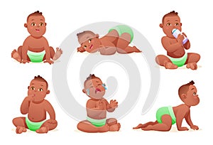 Set of cute little african american baby boy with diaper in various poses and situations