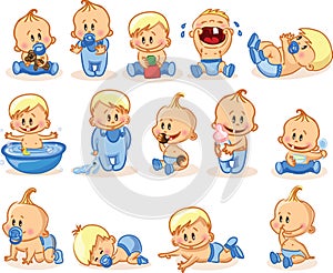 Set with cute little babies in different situations. Playing, sleeping, sitting, lying, crawling baby. Happy smiling