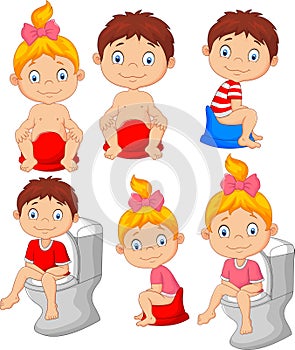 Set of cute little babies sitting on the potty photo