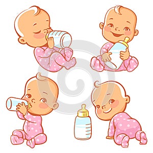 Set with cute little baby with bottle of milk.