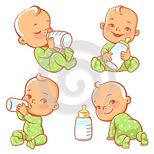 Set with cute little baby with bottle of milk.