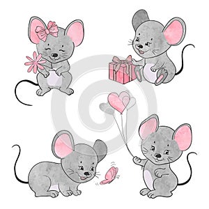 Set of cute little cartoon mice. Vector watercolor mouse collection.