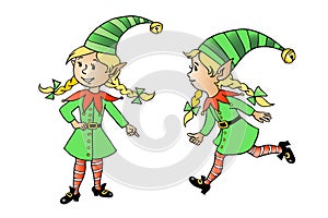 Set of Cute little Christmas Elf girls. Vector hand drawn color character. Simple illustration for New year, xmas