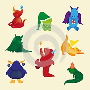 Set of cute little colorful dragons doing different things. Vector creatures for your brand identity, designs, postcards, patterns