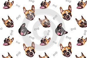 Set of cute little dog French bulldog. Funny collection head pattern of different happy puppy, isolated for print