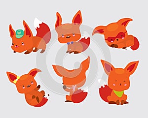 Set of cute little foxes in movement and in different poses. Positive emotions are reflected in muzzles. Use as sticker