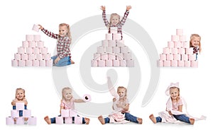 Set with cute little girl and toilet paper