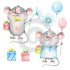 A set of cute little mice with balloons, flowers and gifts. Watercolor illustration.