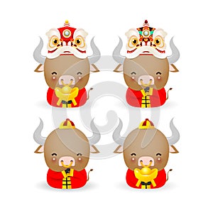 Set of cute little ox, Happy Chinese new year 2021 the year of the ox zodiac, Cartoon cute cow isolated on white background Vector