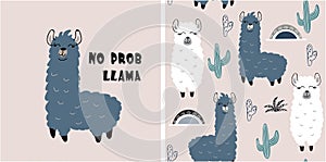 Set of cute llama print and seamless pattern with llamas. vector