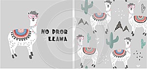 Set of cute llama print and seamless pattern with llamas. vector