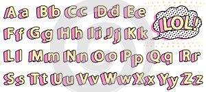 Set of cute lol doll alphabet. Yellow letters with pink shadow for little princess.