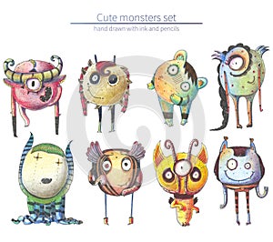 Set of cute and lovely hand drawn monsters, drawn with pencils and ink on white background. Raster large illustration with collect