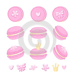 Set of cute macaroons with crown, sakura flowers, bow and heart.