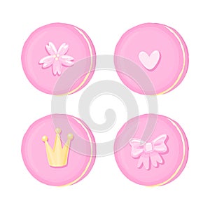 Set of cute macaroons with crown, sakura flowers, bow and heart.
