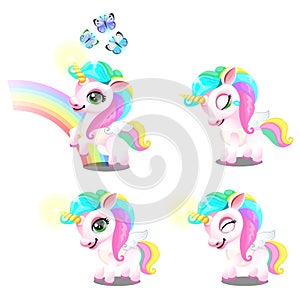 Set of cute magic sweet unicorns with mane colored rainbow, horn, butterfly isolated on white background. Sample of