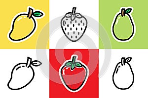 Set of Cute Mango, Strawberry, and Guava Icon Illustration