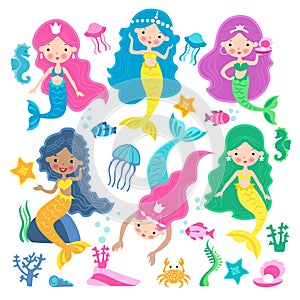 Set of of cute mermaid princess with colorful hair and other under the sea animals
