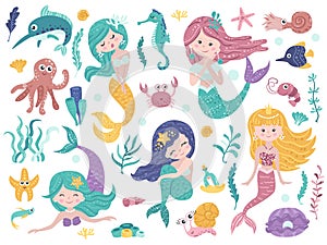 Set of cute mermaids and sea nature