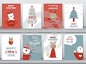 Set of cute Merry christmas  background with cute animal,Lovely cartoon background with holiday symbols, Vector illustrations.