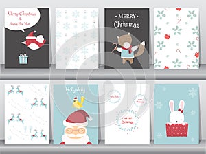 Set of cute Merry christmas background with cute animal and winter clothes,cute animal, Vector illustrations