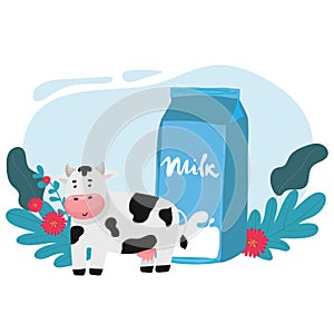 set cute milk product. milk ad template for product display. Milk pack mock-up on a farm island surrounded by white