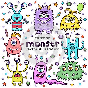Set of cute monsters funny cartoon character, hand drawing. Collection multicolored scary hilarious fairy tale hero isolated on