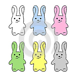 Set of cute multi-colored rabbits hares with a black outline.