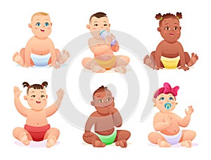 Set of cute multi-ethnic baby boys and girls with diapers in various poses