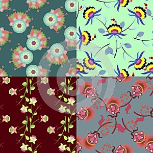 Set of cute multicolored seamless patterns with flowers