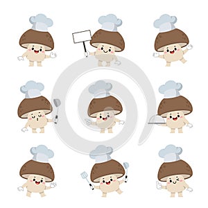 Set of cute mushroom chef cartoon characters with various activities