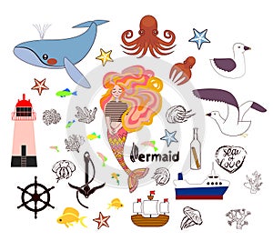 Set of cute nautical elements. Vector hand drawn