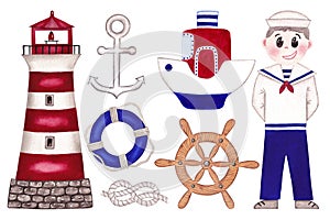 Set of cute nautical illustrations. Hand painted watercolor illustrations.