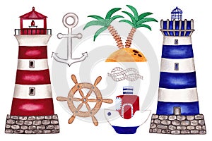 Set of cute nautical illustrations. Hand painted watercolor illustrations.
