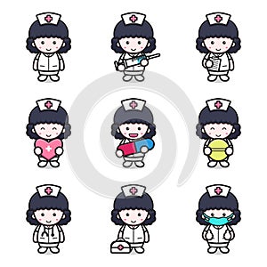 Set of cute nurse character with different attributes cartoon illustration