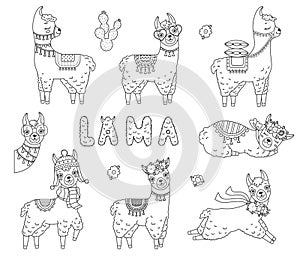 Set of cute outline doodle llamas. Hand drawn elements photo