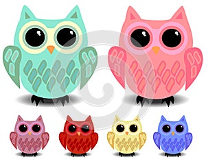 A set of cute owls with black eyes, cartoon style, different colors