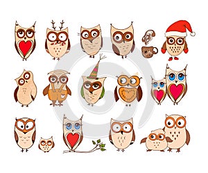 Set of cute owls. Vector cartoon owls and owlets birds isolated on white background.