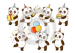 Set of cute panda bears isolated on white - cartoon characters for Birthday design