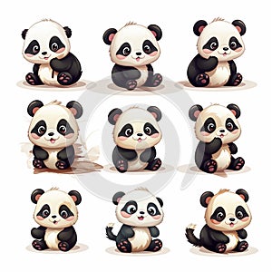 Set of cute panda cartoon character. Vector illustration isolated on white background